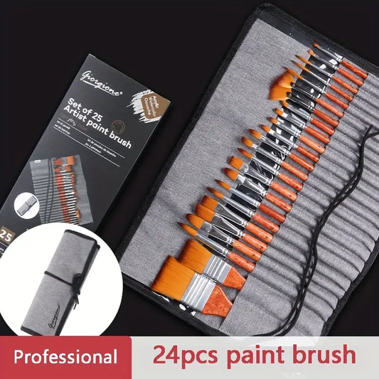 24 pcs/set Nylon Hair Handle Watercolor Paint Brush With Orange Wood Rod Portable Storage Pen Case