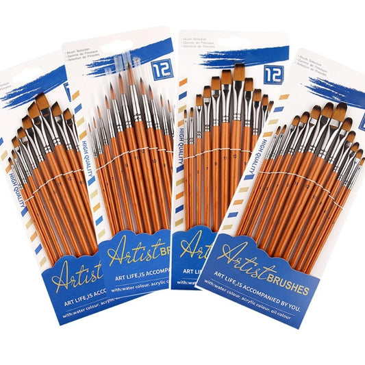 12 Pcs Set Nylon Hair Paint Brush Set Orange Short Wooden Rod