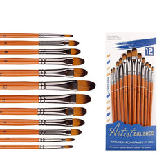 12 Pcs Set Nylon Hair Paint Brush Set Orange Short Wooden Rod