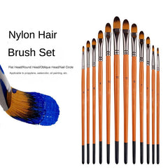 12 Pcs Set Nylon Hair Paint Brush Set Orange Short Wooden Rod