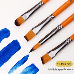 12 Pcs Set Nylon Hair Paint Brush Set Orange Short Wooden Rod