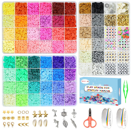 10000 Pcs Clay Beads Bracelet Making Kit 60 Colors 3 Boxes Flat Polymer Beads Set With Pendant Charms Crafts Gifts