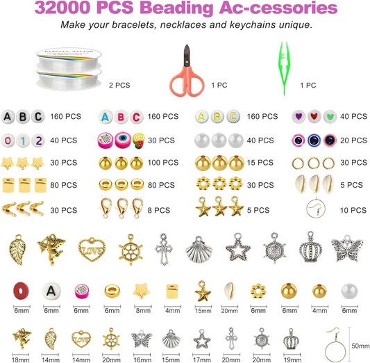 32000 Pcs Clay Beads Bracelet Making Kit 192 Colors 9 Boxes Flat Polymer Beads Set With Pendant Charms Crafts Gifts