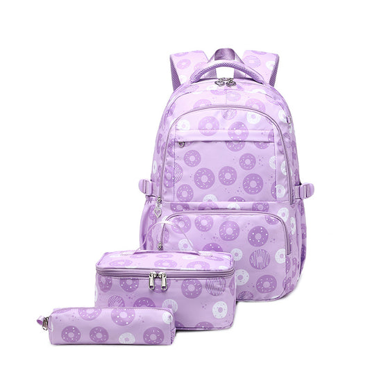 3pcs Set Donut Print Kids Backpack Set Girls Bookbag With Lunch Box Pen Bag Casual School Bags