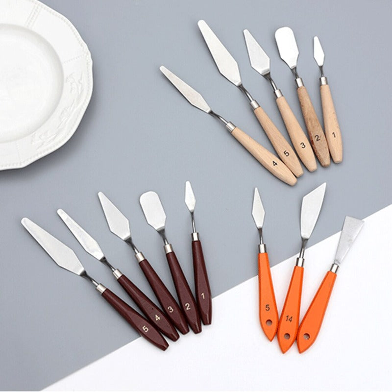 5Pcs Set Stainless Steel Palette Knife Wooden Flat Tip Scraper - honeylives