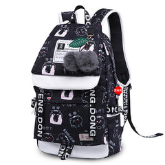 Waterproof Printed Travel Backpack Children School Bags With USB Charge Port Bowknot Fur Ball
