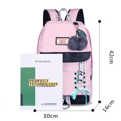 Waterproof Printed Travel Backpack Children School Bags With USB Charge Port Bowknot Fur Ball