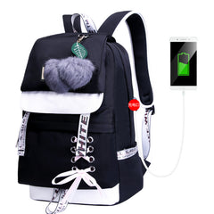Waterproof Printed Travel Backpack Children School Bags With USB Charge Port Bowknot Fur Ball