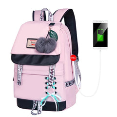 Waterproof Printed Travel Backpack Children School Bags With USB Charge Port Bowknot Fur Ball