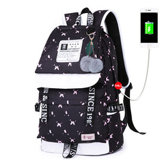 Waterproof Printed Travel Backpack Children School Bags With USB Charge Port Bowknot Fur Ball