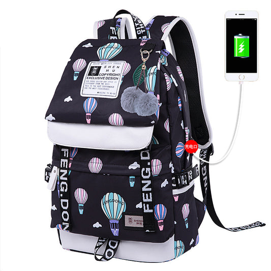 Waterproof Printed Travel Backpack Children School Bags With USB Charge Port Bowknot Fur Ball
