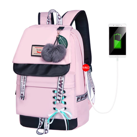 Waterproof Printed Travel Backpack Children School Bags With USB Charge Port Bowknot Fur Ball