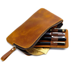 Cowhide Zipper Pen Storage Pen Bag Vintage Multi Slot Pen Case