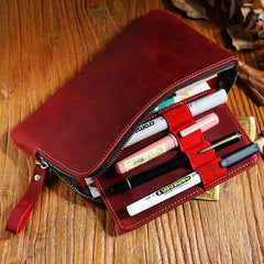 Cowhide Zipper Pen Storage Pen Bag Vintage Multi Slot Pen Case
