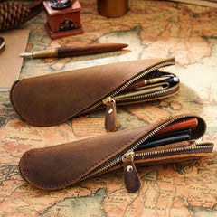 Genuine Leather Zipper Pen Pencil Bag Vintage Pen Case