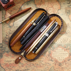 Genuine Leather Zipper Pen Pencil Bag Vintage Pen Case