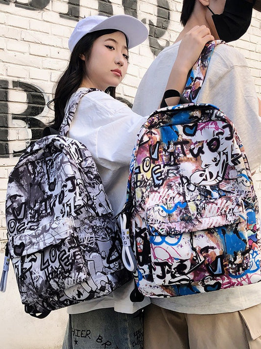 Junior High School Students Schoolbag Large Capacity Personalized Graffiti Casual Backpack With Pendant