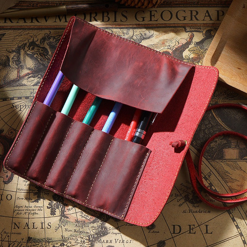 Vintage Cow Leather Pencil Case Roll Retro Pencil Bag - honeylives
