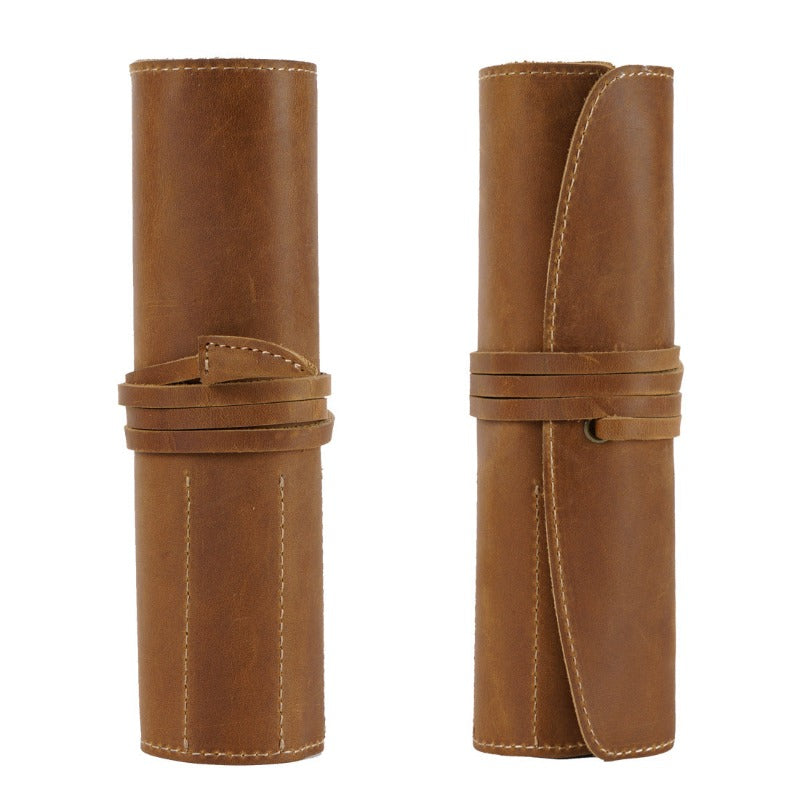 Vintage Cow Leather Pencil Case Roll Retro Pencil Bag - honeylives