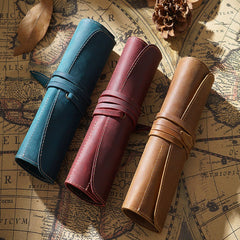 Vintage Cow Leather Pencil Case Roll Retro Pencil Bag - honeylives