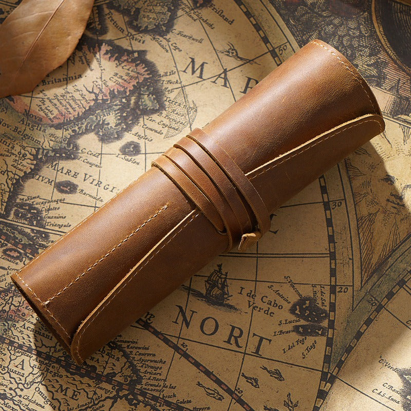 Vintage Cow Leather Pencil Case Roll Retro Pencil Bag - honeylives