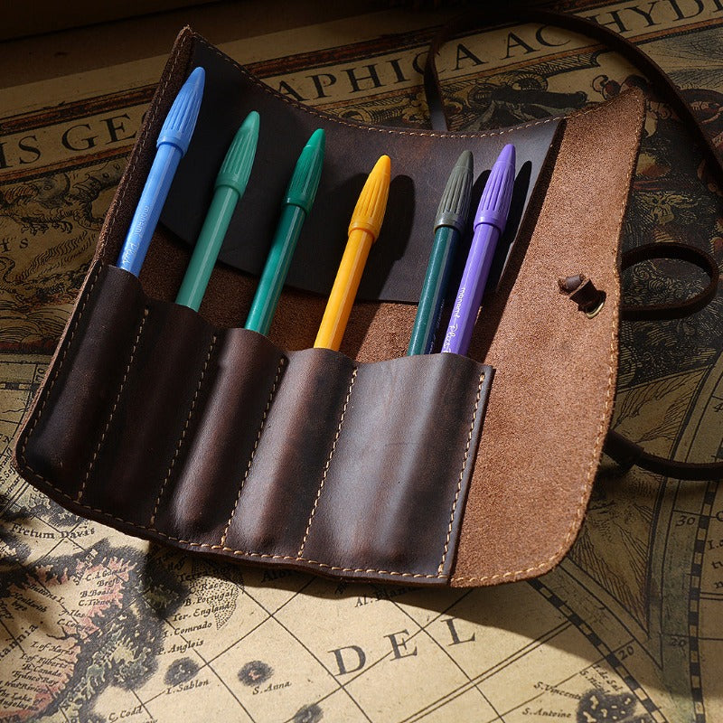 Vintage Cow Leather Pencil Case Roll Retro Pencil Bag - honeylives