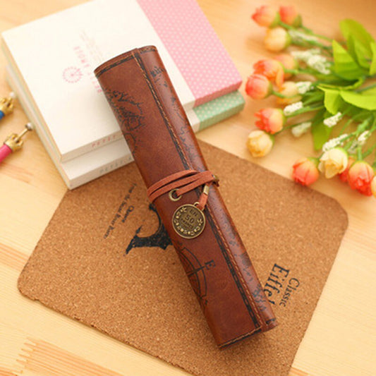 Vintage Retro Treasure Map Canvas Leather Pencil Pouch Stationery Storage Bags - honeylives