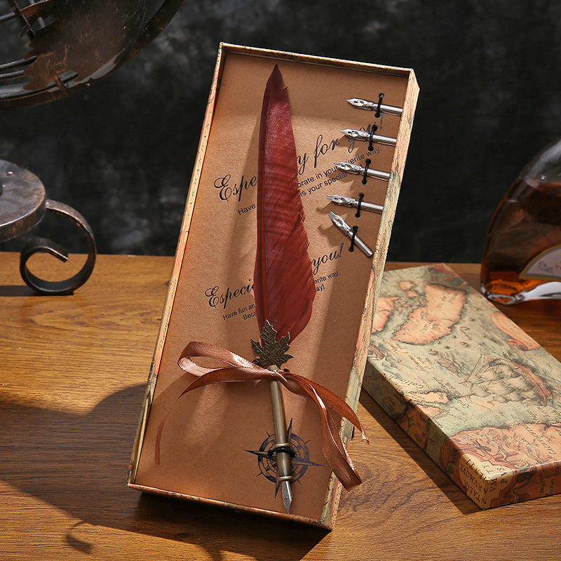 English Calligraphy Feather Dip Pen Classical Fountain Pen 1Set Feather Pen Box with 5 Nib Stationery Gift Wedding Gift Creative