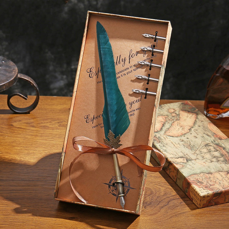 English Calligraphy Feather Dip Pen Classical Fountain Pen 1Set Feather Pen Box with 5 Nib Stationery Gift Wedding Gift Creative