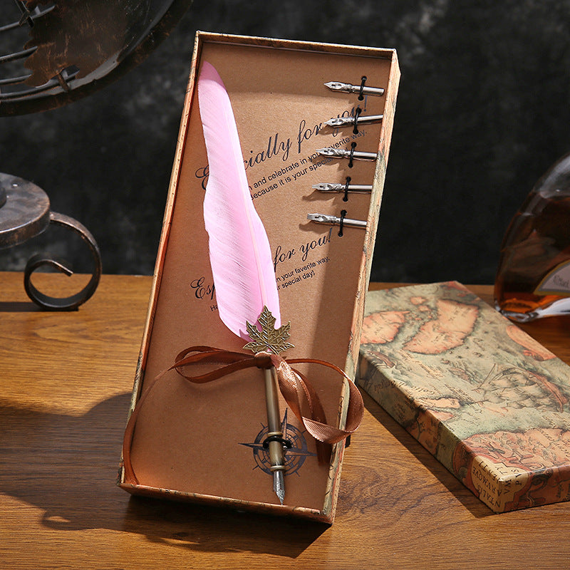 English Calligraphy Feather Dip Pen Classical Fountain Pen 1Set Feather Pen Box with 5 Nib Stationery Gift Wedding Gift Creative