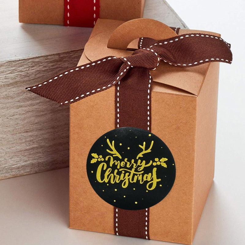 500pcs/roll Rose Gold Merry Christmas Stickers Round Labels Kraft Paper Xmas Gifts Box Labels Decorations New Year Sealing Label Stickers For Party DIY Packaging Stationery Stickers