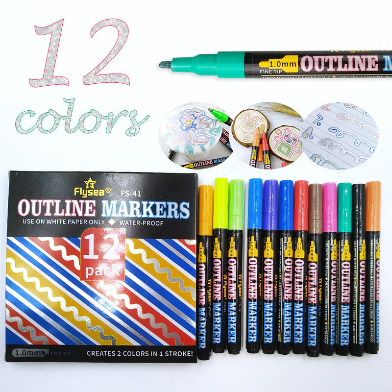 12/18colors Double Line Metallic Marker Pen DIY Album Scrapbooking Painting Sliver Glitter Outline Art Markers