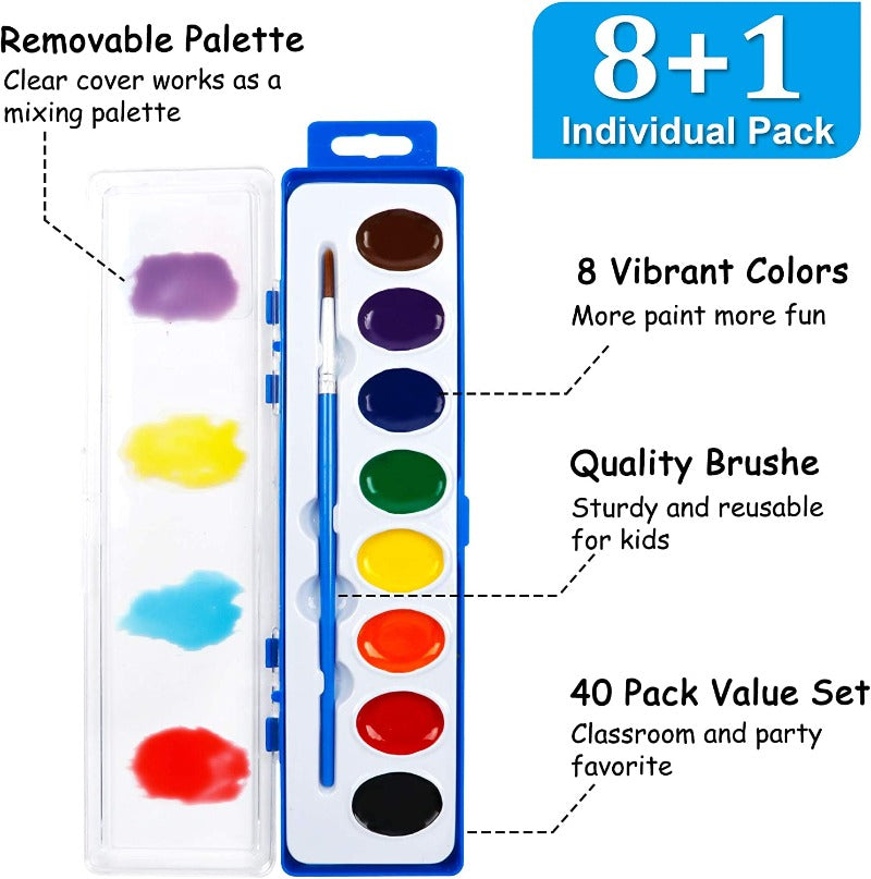 8 Colors Watercolor Paint Set Washable Watercolor Paint Set with Paint Brushes For Kids and Adults Drawing Coloring Painting, Washable Paint for Classroom, Parties, Kindergarten and Art Activities
