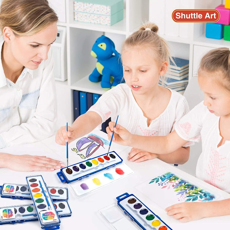 8 Colors Watercolor Paint Set Washable Watercolor Paint Set with Paint Brushes For Kids and Adults Drawing Coloring Painting, Washable Paint for Classroom, Parties, Kindergarten and Art Activities