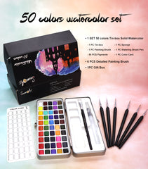 50 Solid Watercolors Paint Set Water Color Kit with Paint Brush