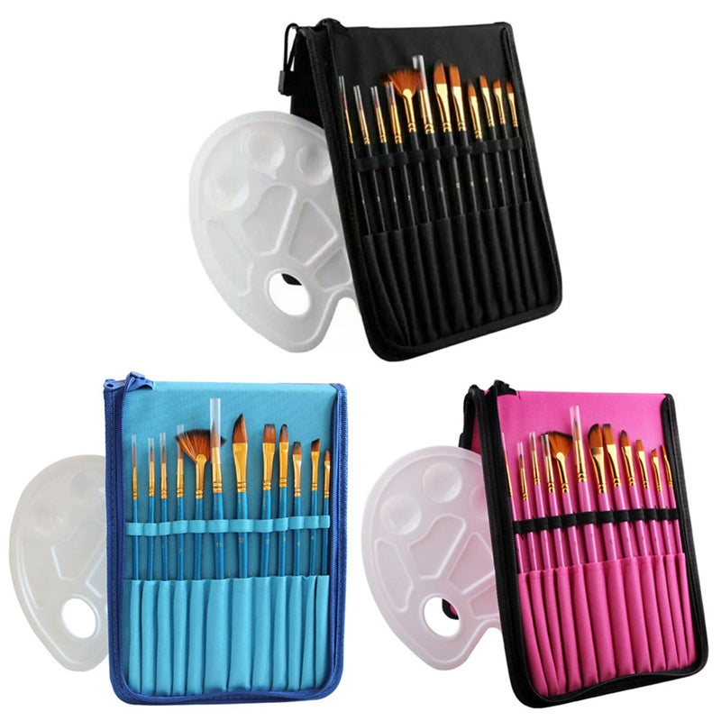 14 Pcs Nylon Paint Brushes Set Art Painting Brushes Professional Oil Watercolor Paint brush Set with 12 Pcs Painting Brushes + 1Pcs Color Palette+ 1Pcs Pencil Case, Art Supplies