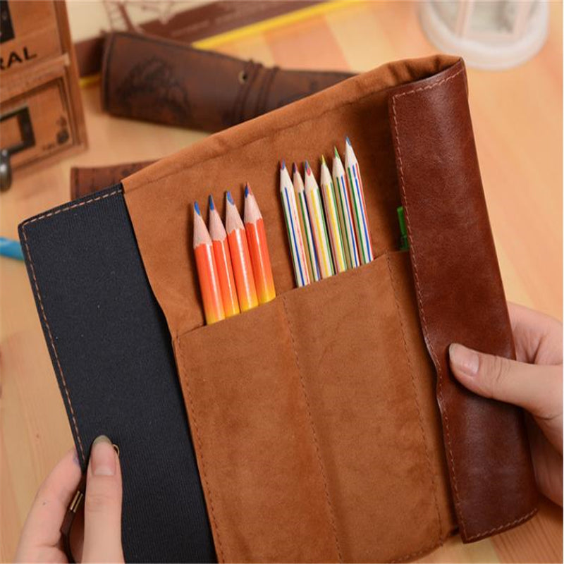 1Pcs Vintage Roll Up Pencil Case Creative Map Matte Smooth Cover Pencil Pouch Art Makeup Cosmetic Pouch with Pendant for Business School Gifts