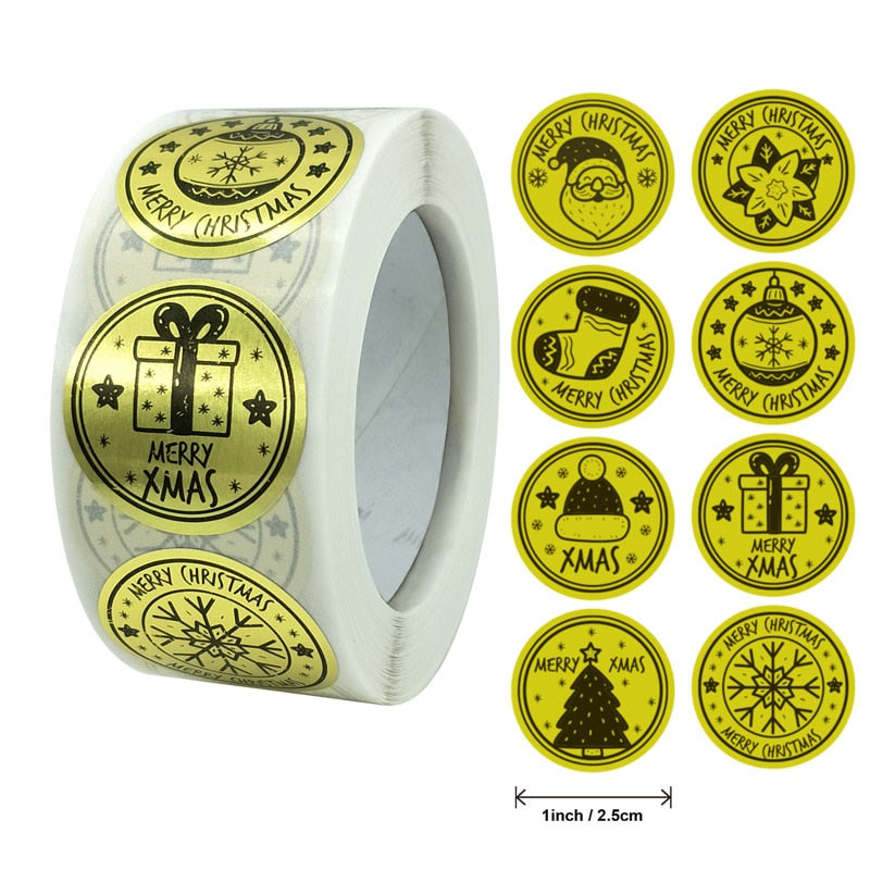 500pcs/roll Rose Gold Merry Christmas Stickers Round Labels Kraft Paper Xmas Gifts Box Labels Decorations New Year Sealing Label Stickers For Party DIY Packaging Stationery Stickers