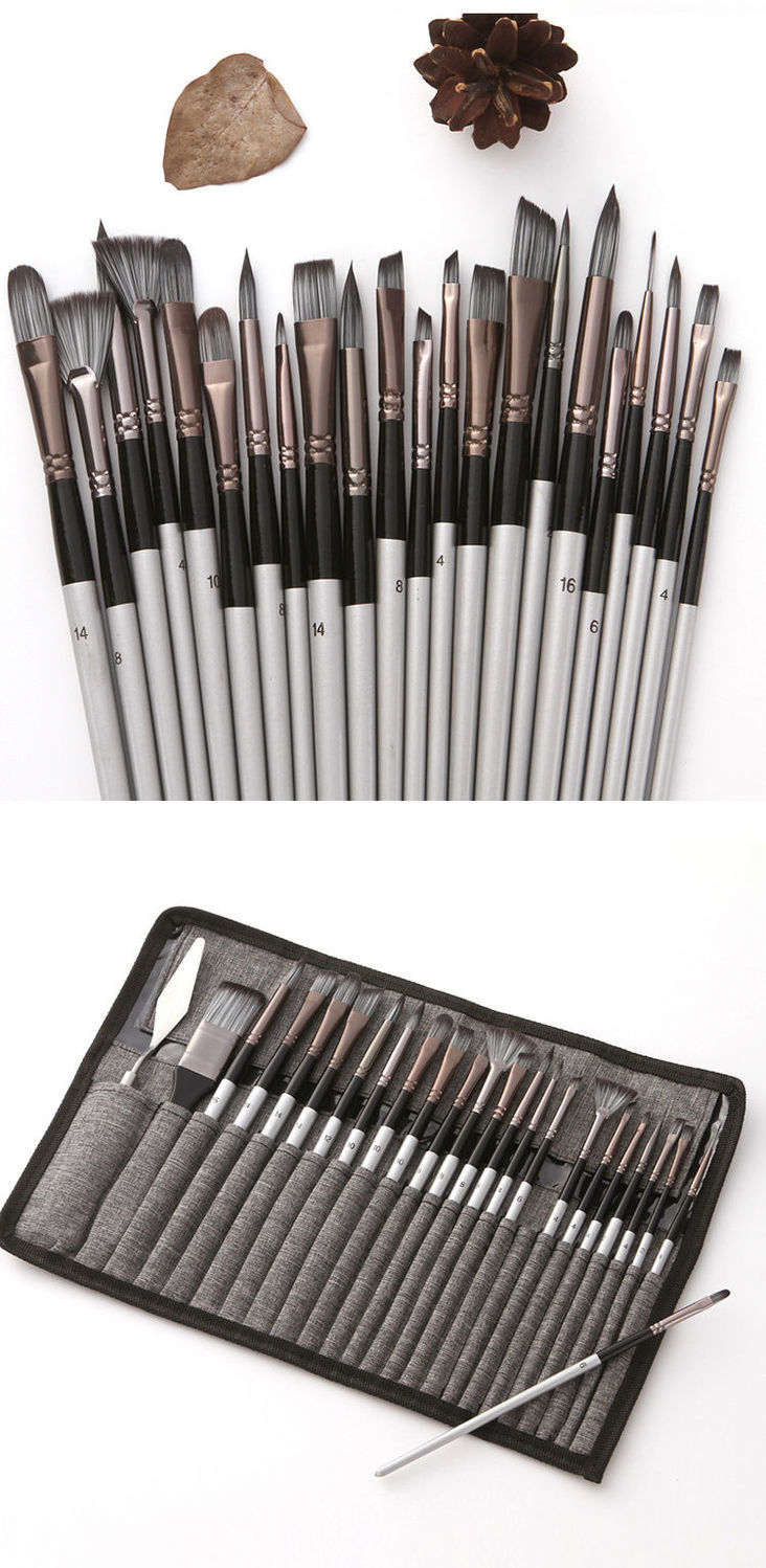 24 pcs/set Nylon Hair Watercolor Paint Brush Pen Acrylic Painting Art Paint Brushes Wooden Handle Scrubbing Scraper Acrylic Painting Art Brushes Supplies