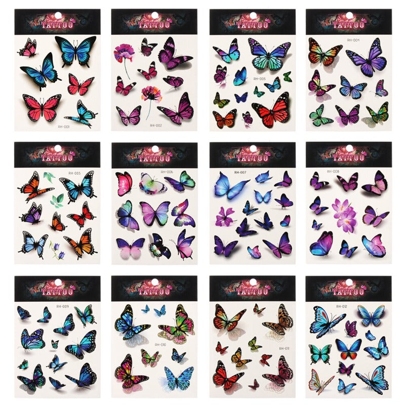 12 Sheet 3D Colorful Butterfly Temporary Tattoos Stickers Hand Neck Wrist Body Art Kids Girls Women Waterproof Fake Tattoos