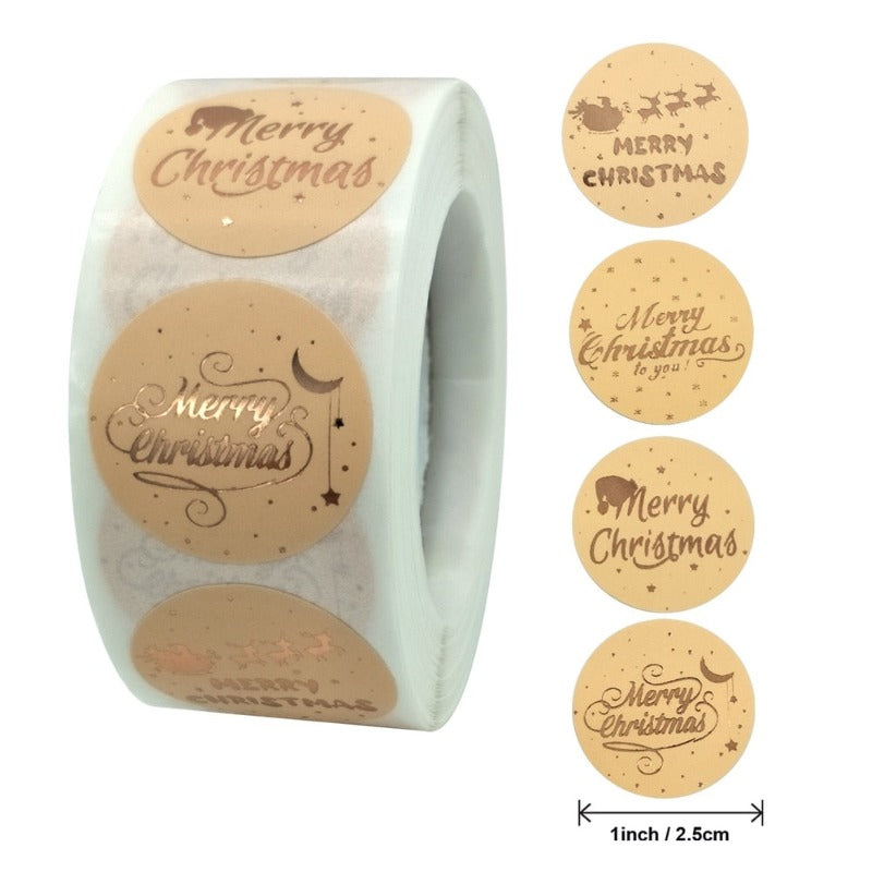 500pcs/roll Rose Gold Merry Christmas Stickers Round Labels Kraft Paper Xmas Gifts Box Labels Decorations New Year Sealing Label Stickers For Party DIY Packaging Stationery Stickers