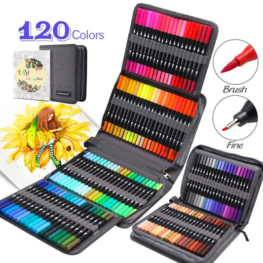 120 Colors Dual Brush Markers Pens Colored Pencil Watercolor Art Markers Professional Drawing Pencils Art Set Fineliner Calligraphy Pens With Case for Coloring Book Drawing Writing Sketching and Doodling Designs for Adults or Kids