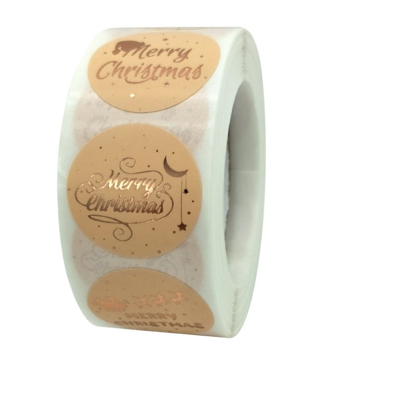 500pcs/roll Rose Gold Merry Christmas Stickers Round Labels Kraft Paper Xmas Gifts Box Labels Decorations New Year Sealing Label Stickers For Party DIY Packaging Stationery Stickers