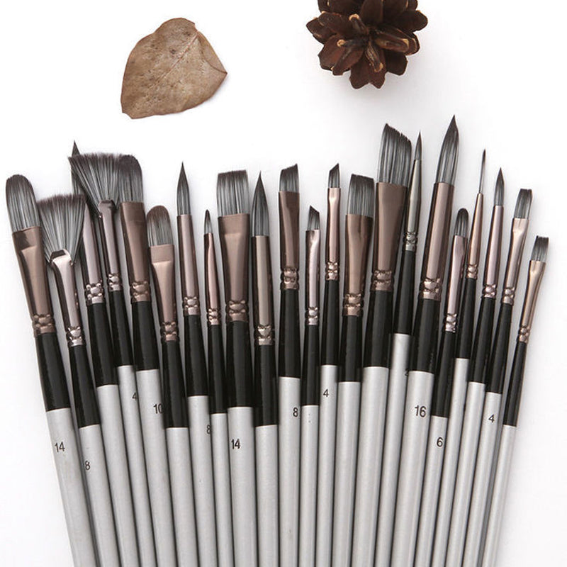 24 pcs/set Nylon Hair Watercolor Paint Brush Pen Acrylic Painting Art Paint Brushes Wooden Handle Scrubbing Scraper Acrylic Painting Art Brushes Supplies
