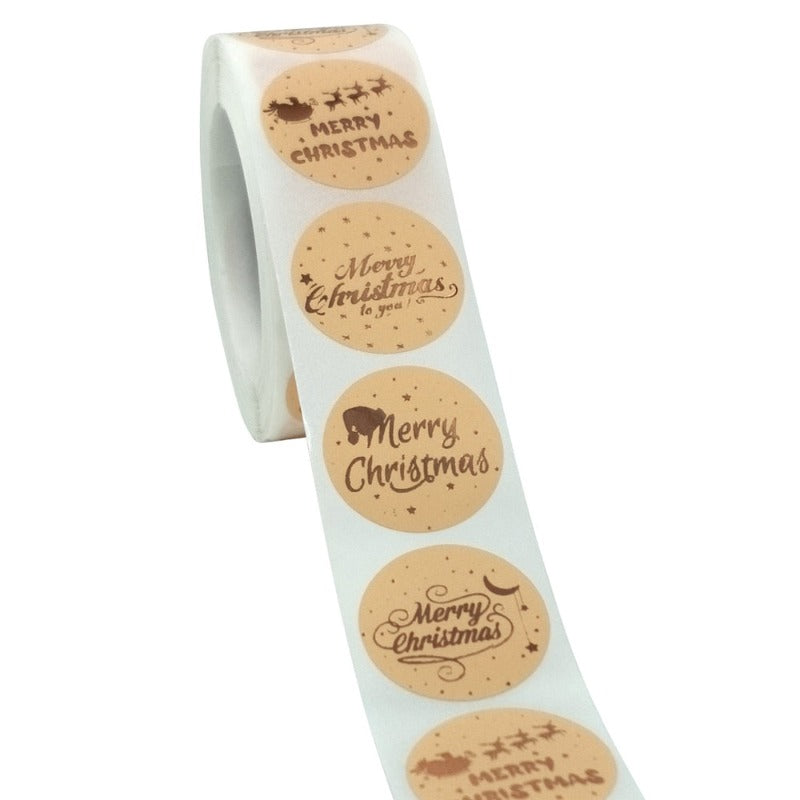 500pcs/roll Rose Gold Merry Christmas Stickers Round Labels Kraft Paper Xmas Gifts Box Labels Decorations New Year Sealing Label Stickers For Party DIY Packaging Stationery Stickers