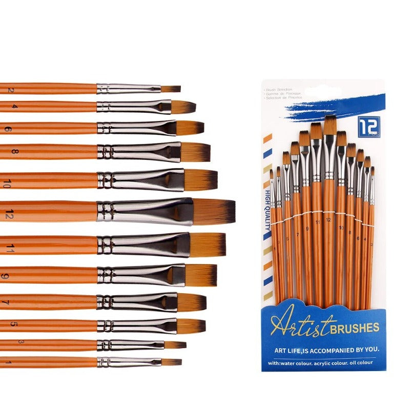 12 Pcs Set Nylon Hair Paint Brush Set Orange Short Wooden Rod