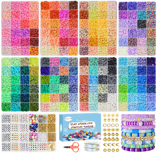 32000 Pcs Clay Beads Bracelet Making Kit 192 Colors 9 Boxes Flat Polymer Beads Set With Pendant Charms Crafts Gifts