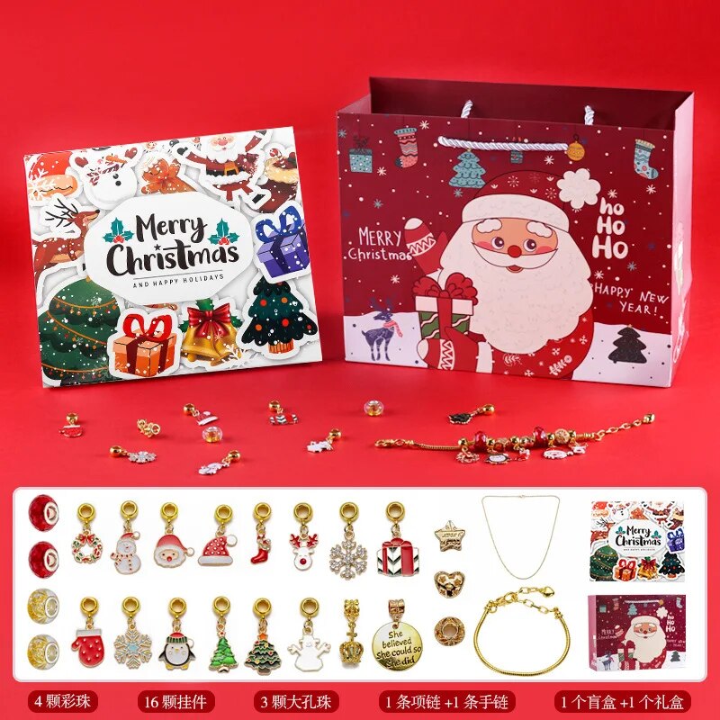 24days Christmas Advent Calendar Jewelry Gift Box DIY Golden Jewelry Bracelets