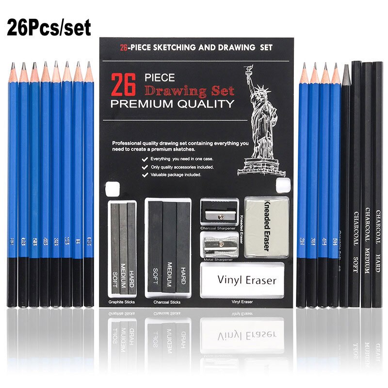 26Pcs Sketch Pencil Set Drawing Set With Charcoal Graphite Stick Eraser Stationery
