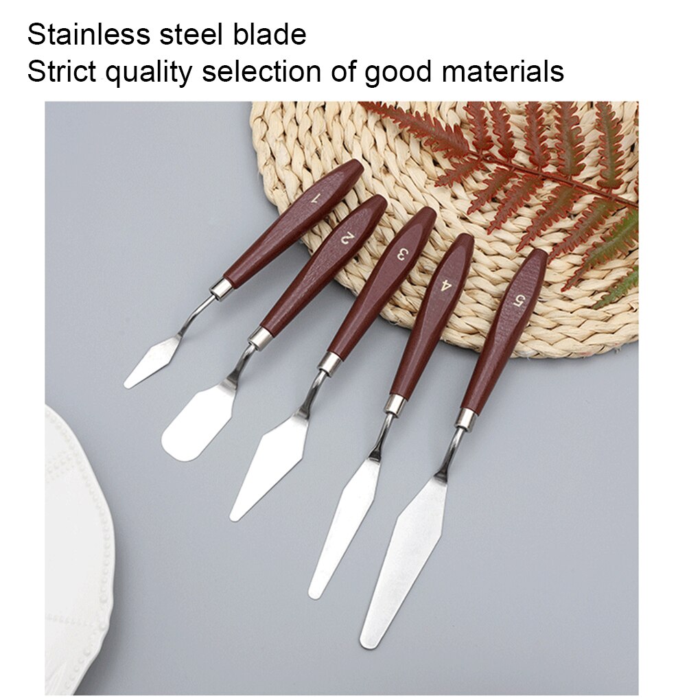 5Pcs Set Stainless Steel Palette Knife Wooden Flat Tip Scraper